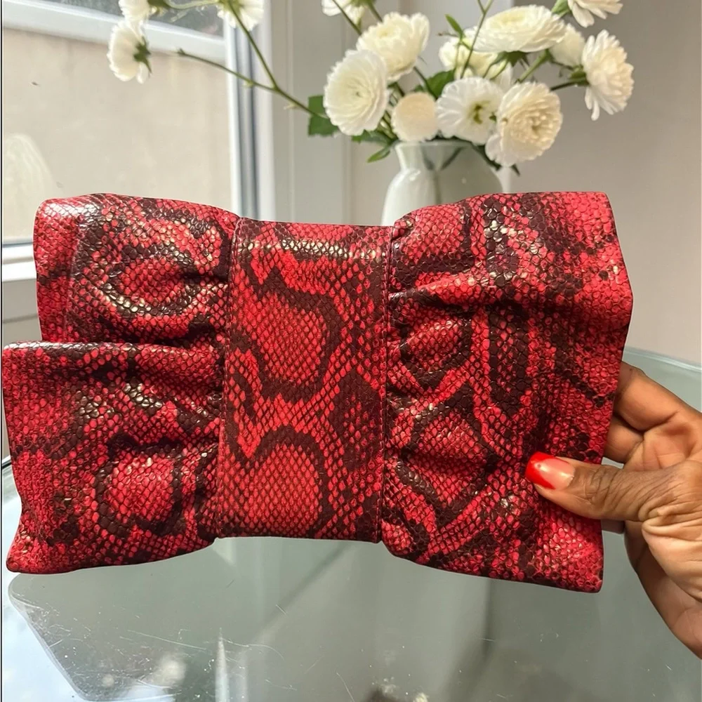Furla EUC Red and Black Snake-Print Bow Clutch - Picture 4 of 11